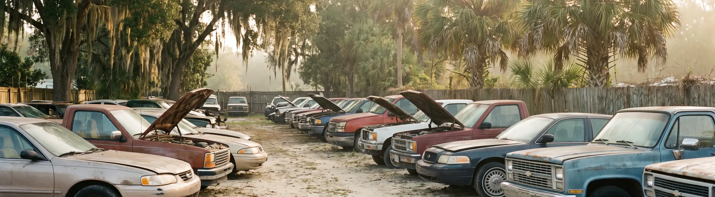 Worn-out cars and trucks waiting for parts recovery in Lake County, Florida