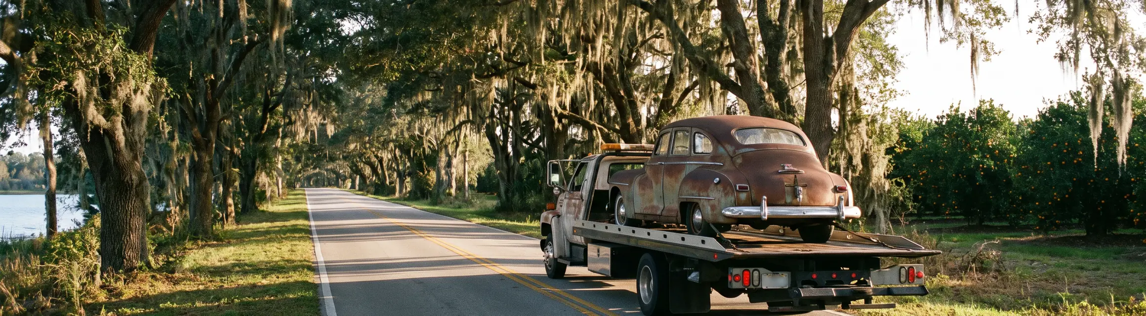 Tow truck on a two-lane road under live oaks near Eustis, Florida